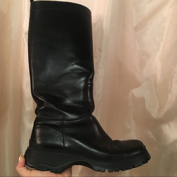 Prada Shoes - Prada chunky black leather knee high boots